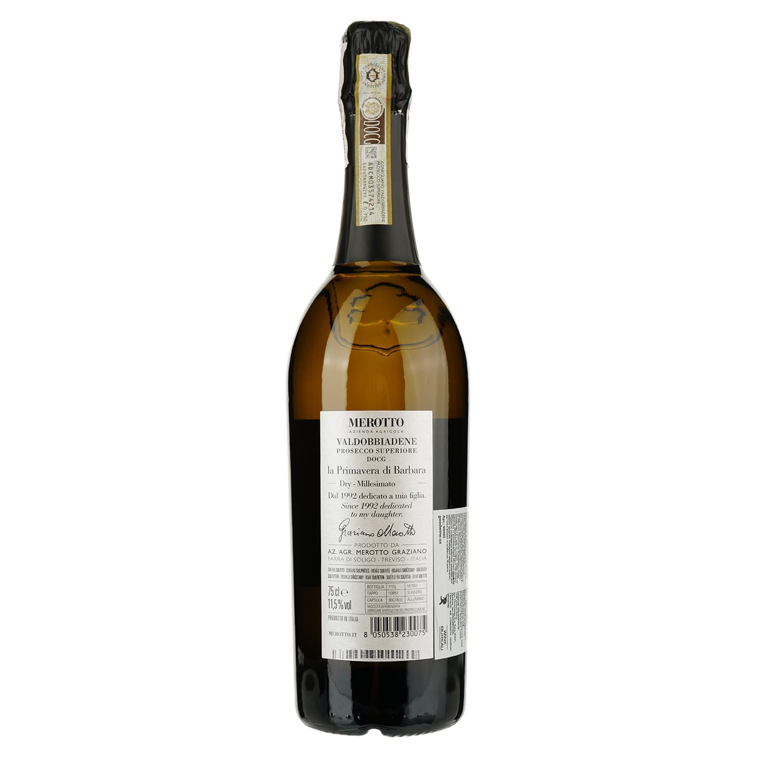 Вино ігристе Merotto La Primavera Di Barbara Millesimato Valdobbiadene Prosecco Superiore Dry, біле, сухе, 0,75 л - зображення 2