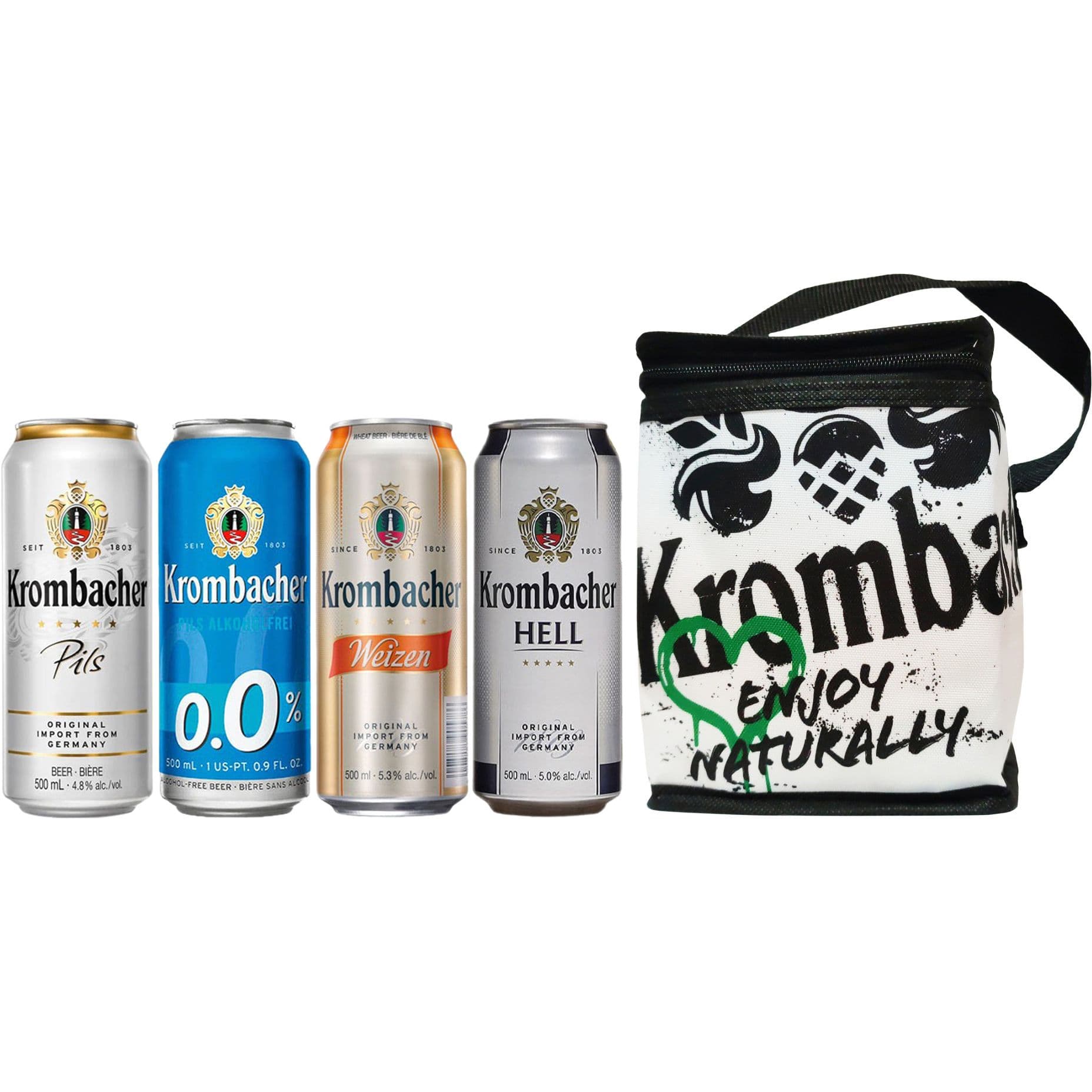 Набiр: пиво Krombacher Pils 0.5 л + Krombacher Weizen 0.5 л + Krombacher Hell 0.5 л + Krombacher Pils б/а 0.5 л + термосумка - зображення 1