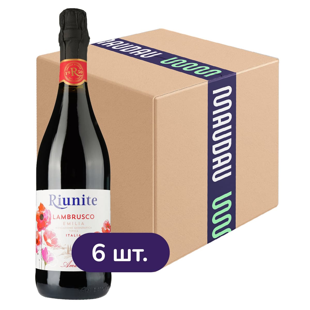 Упаковка ігристого вина Riunite Lambrusco Emilia Rosso IGP червоне напівсухе 4.5 л (0.75 л х 6 шт.) - зображення 1
