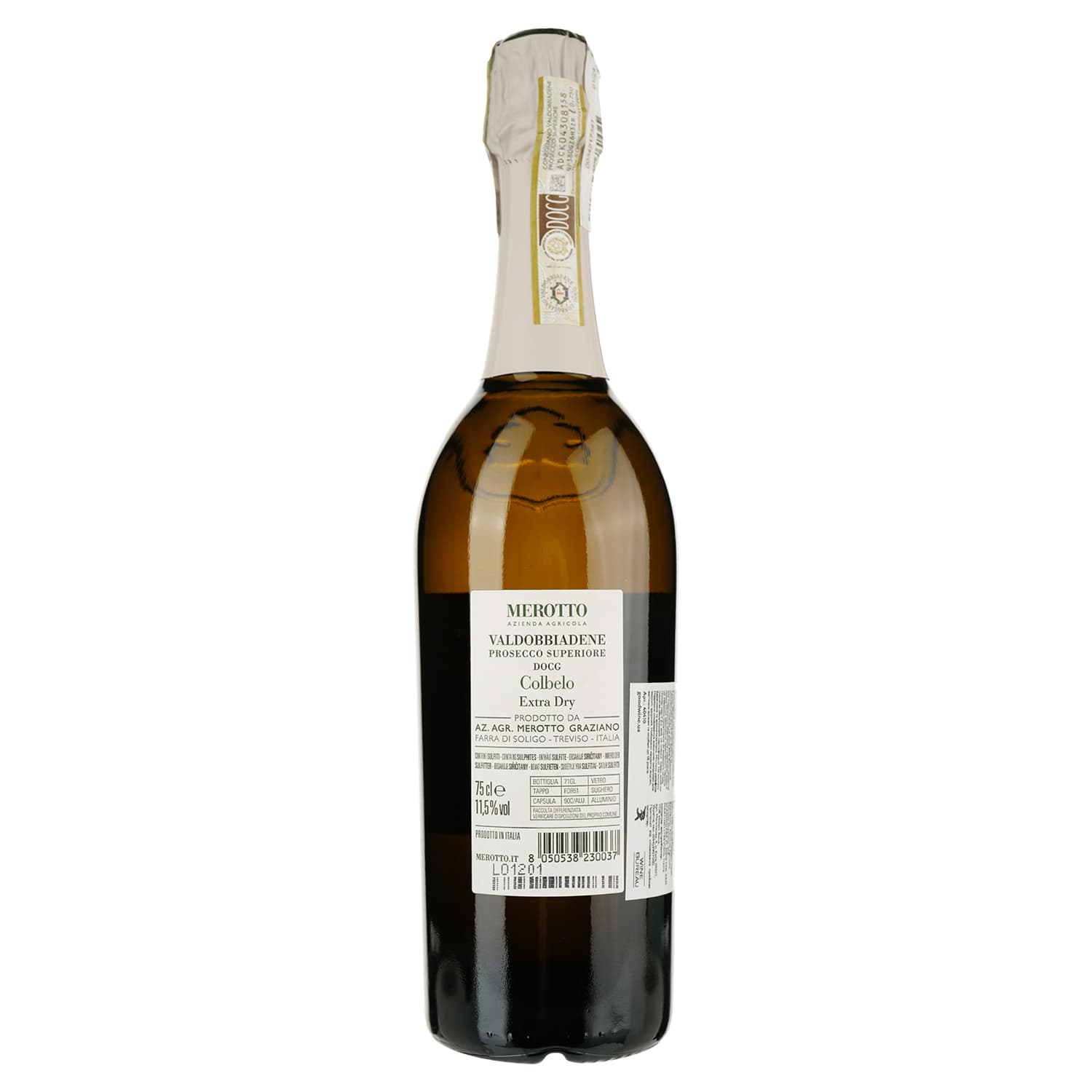 Вино ігристе Merotto Colbelo Valdobbiadene Prosecco Superiore Extra Dry, біле, екстра-сухе, 0,75 л - зображення 2