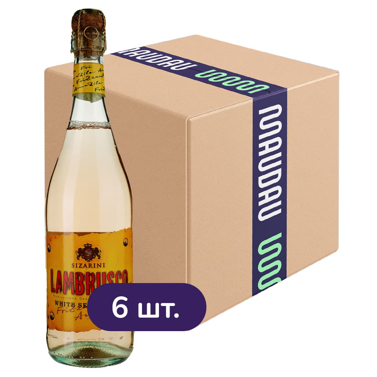 Упаковка ігристого вина Sizarini Lambrusco біле напівсолодке 4.5 л (0.75 л х 6 шт.) - зображення 1