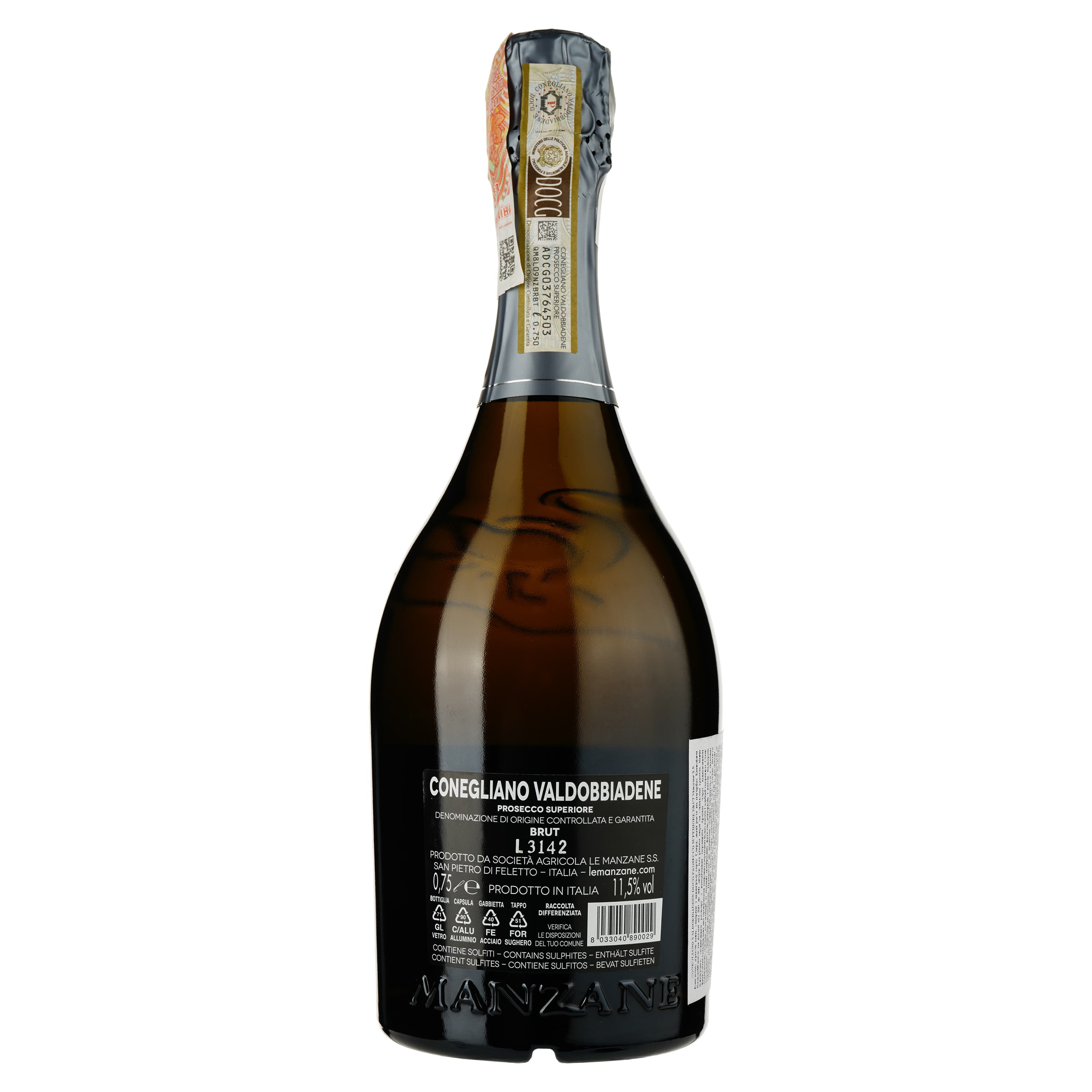 Ігристе вино Le Manzane Conegliano Valdobbiadene Prosecco Superiore Docg Brut, біле, брют, 11,5%, 0,75 л - зображення 2