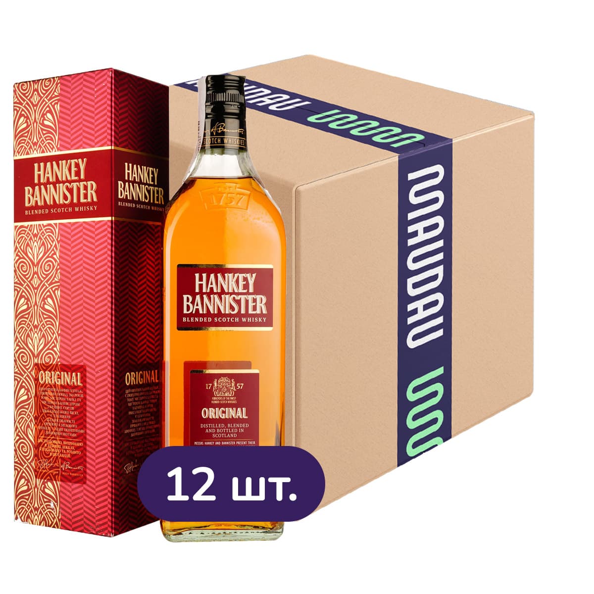 Упаковка віскі Hankey Bannister Original Blended Scotch Whisky 40% 8.4 л (0.7 л x 12 шт.) у подарунковій упаковці - зображення 1
