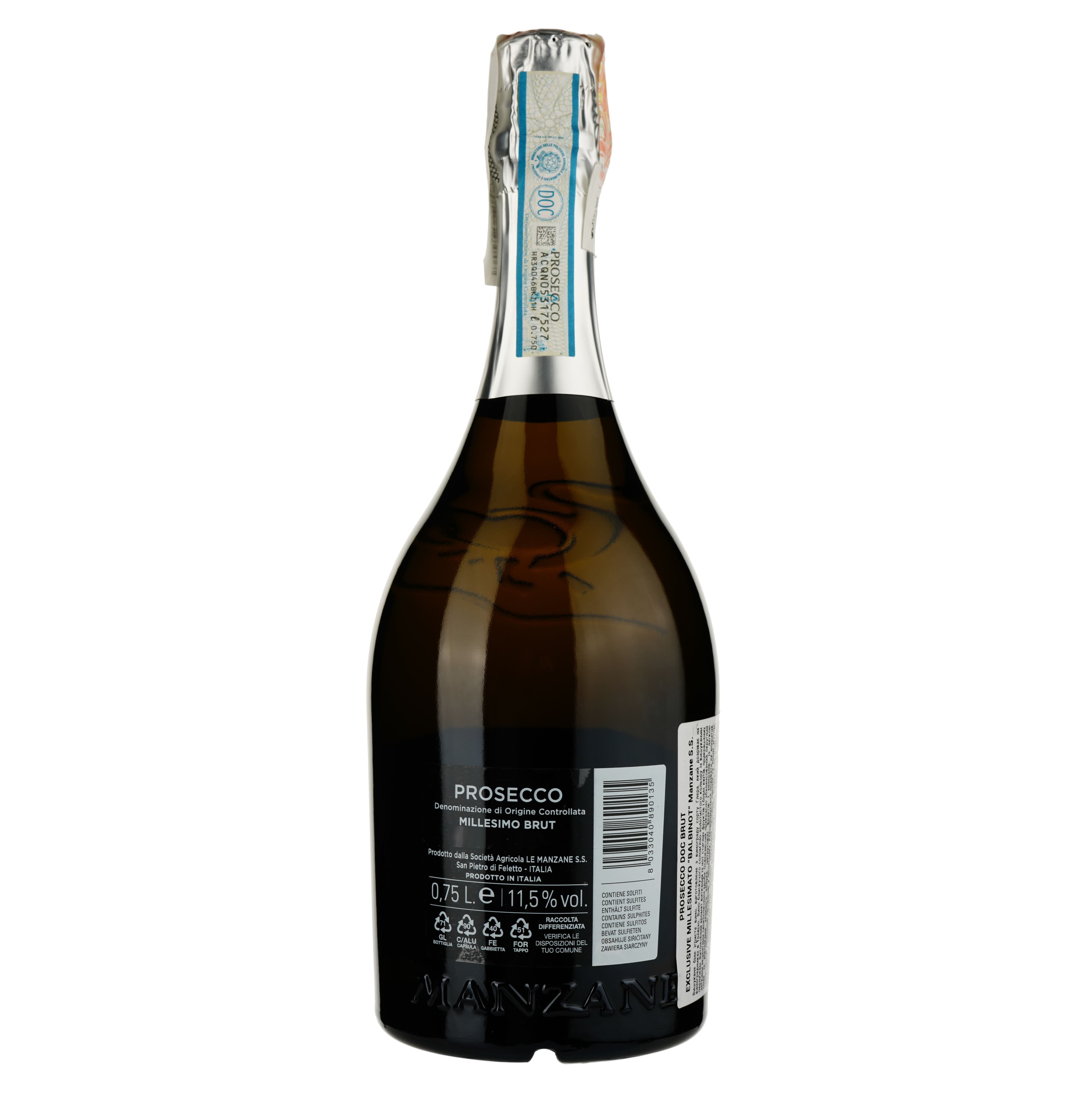 Ігристе вино Le Manzane Prosecco DOC Balbinot еxclusive brut, біле, брют, 11,5%, 0,75 л - зображення 2