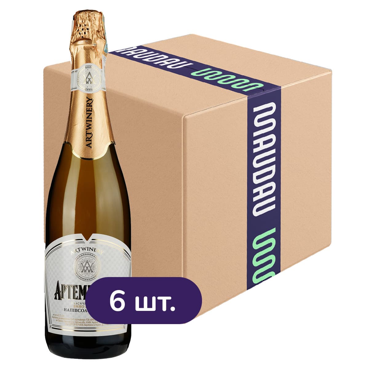 Упаковка ігристого вина Artwinery Артемівське біле напівсолодке 4.5 л (0.75 л x 6 шт.) - зображення 1