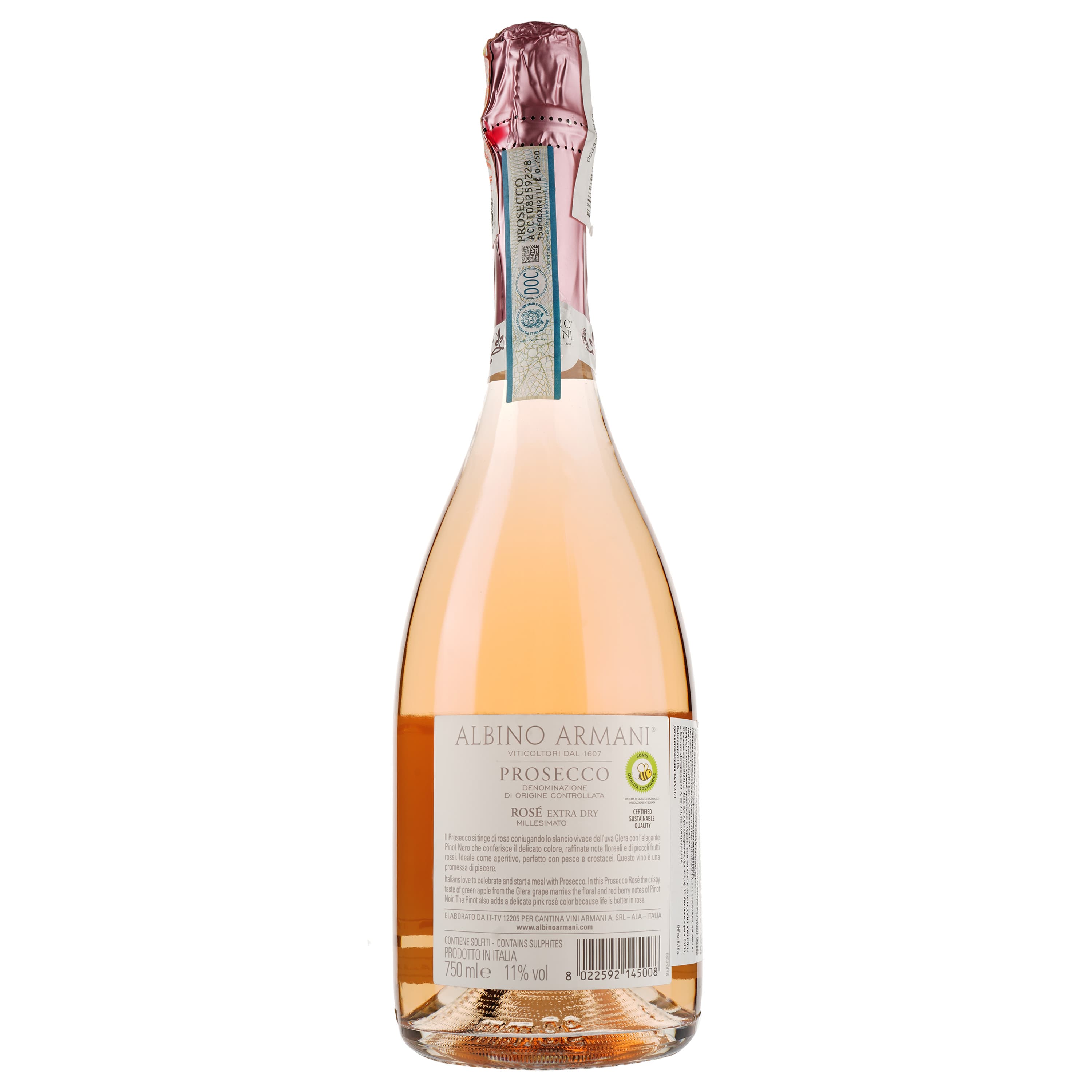 Ігристе вино Albino Armani Prosecco Rose Millesimato DOC Extra Dry, рожеве, 11%, 0,75 л - зображення 2