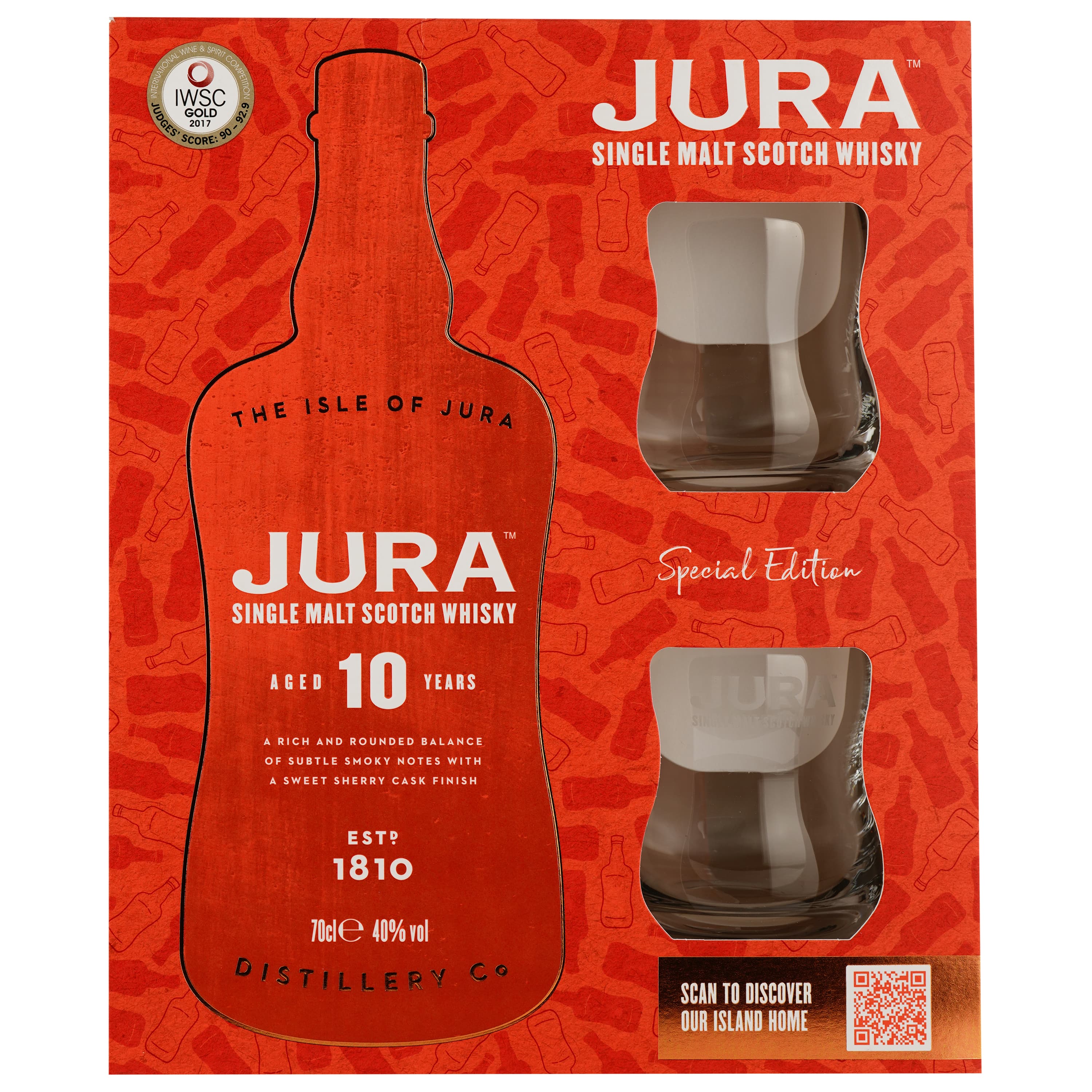 Віскі Jura 10 yo Single Malt Scotch Whisky, 40 %, 0,7 л + 2 келихи (50186) - зображення 1