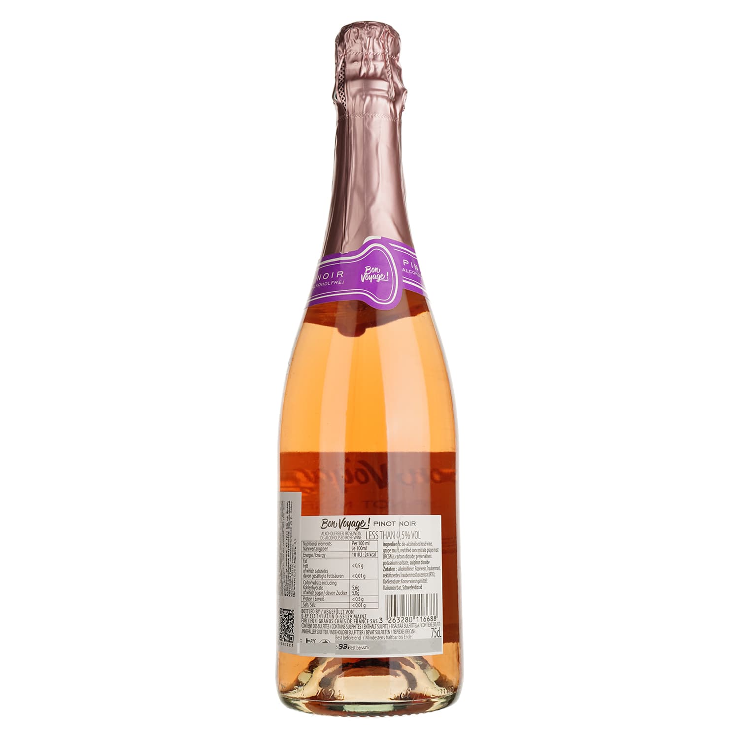 Вино ігристе Bon Voyage Pinot Noir Alcohol Free Sparkling Rose, рожеве, напівсухе, 0,5%, 0,75 л - зображення 2