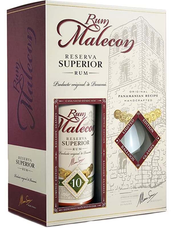 Ром Резерва Суперьор, Малекон / Reserva Superior, Malecon, 10 років, 40%, 0.7л, в подарунковій коробці + 2 келиха
