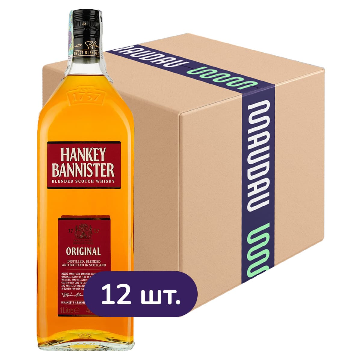 Упаковка віскі Hankey Bannister Original Blended Scotch Whisky 40% 12 л (1 л x 12 шт.)