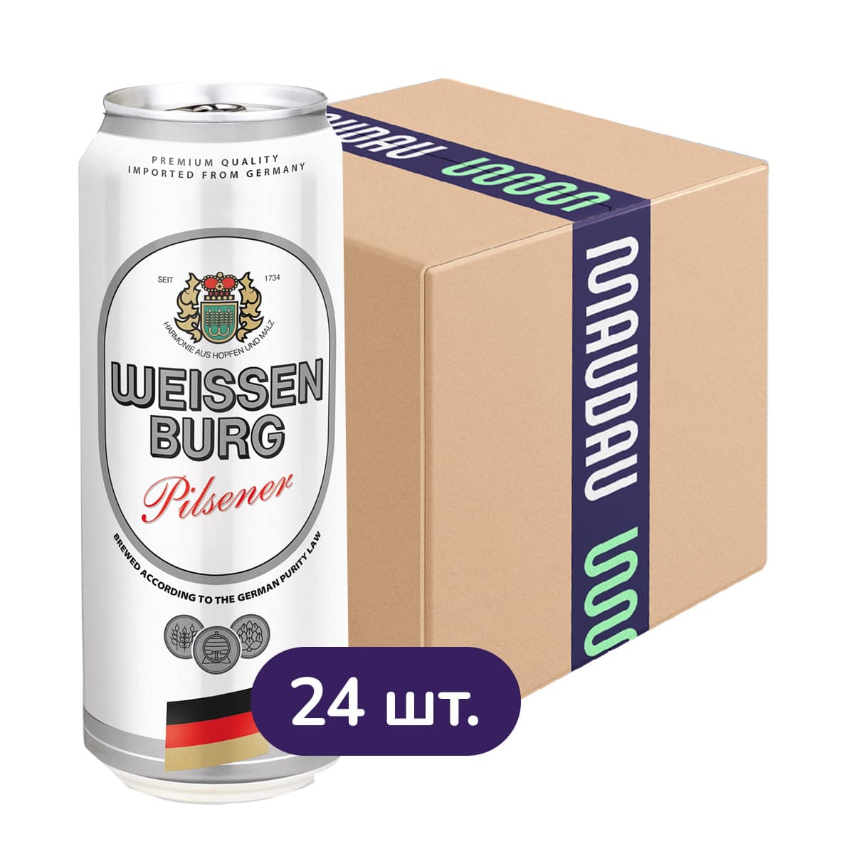 Упаковка пива Weissenburg Pilsener світле фільтроване 5% 12 л (0.5 л x 24 шт.) з/б