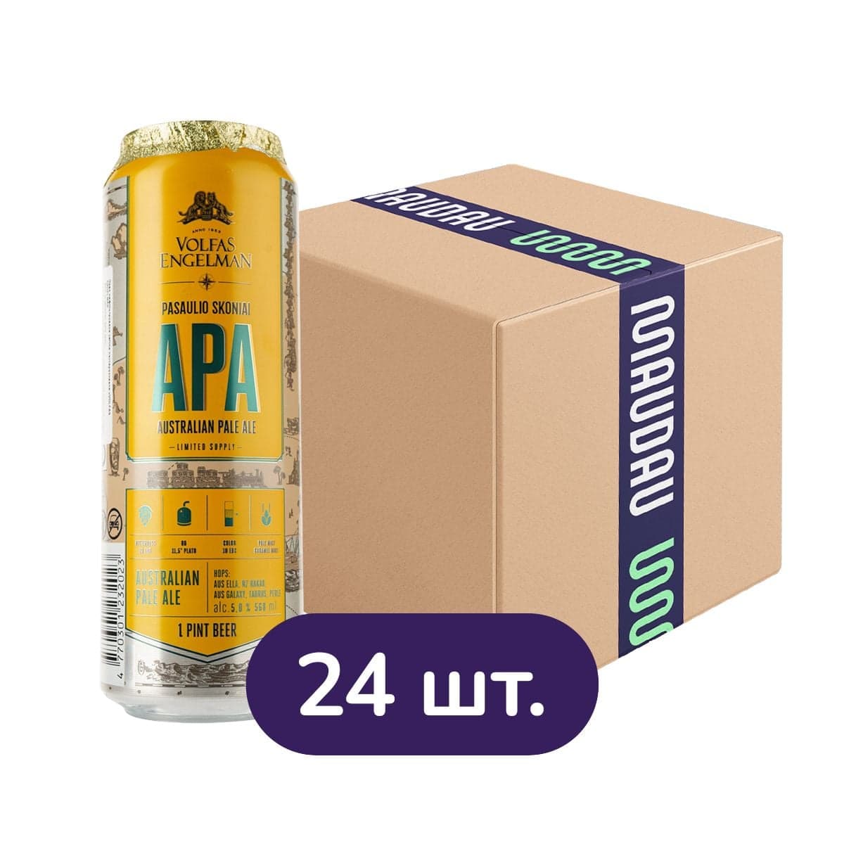 Упаковка пива Volfas Engelman APA світлого 5% 13.63 л з/б (0.568 л х 24 шт.)
