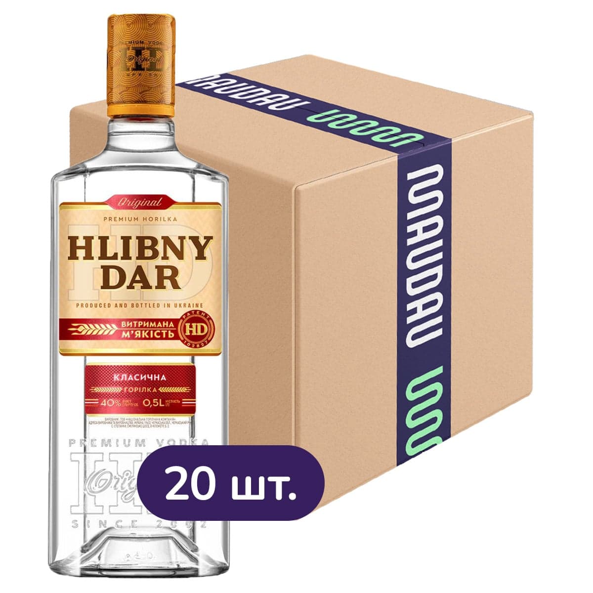 Упаковка горілки Хлібний Дар Класична 40% 10 л (0.5 л х 20 шт.)