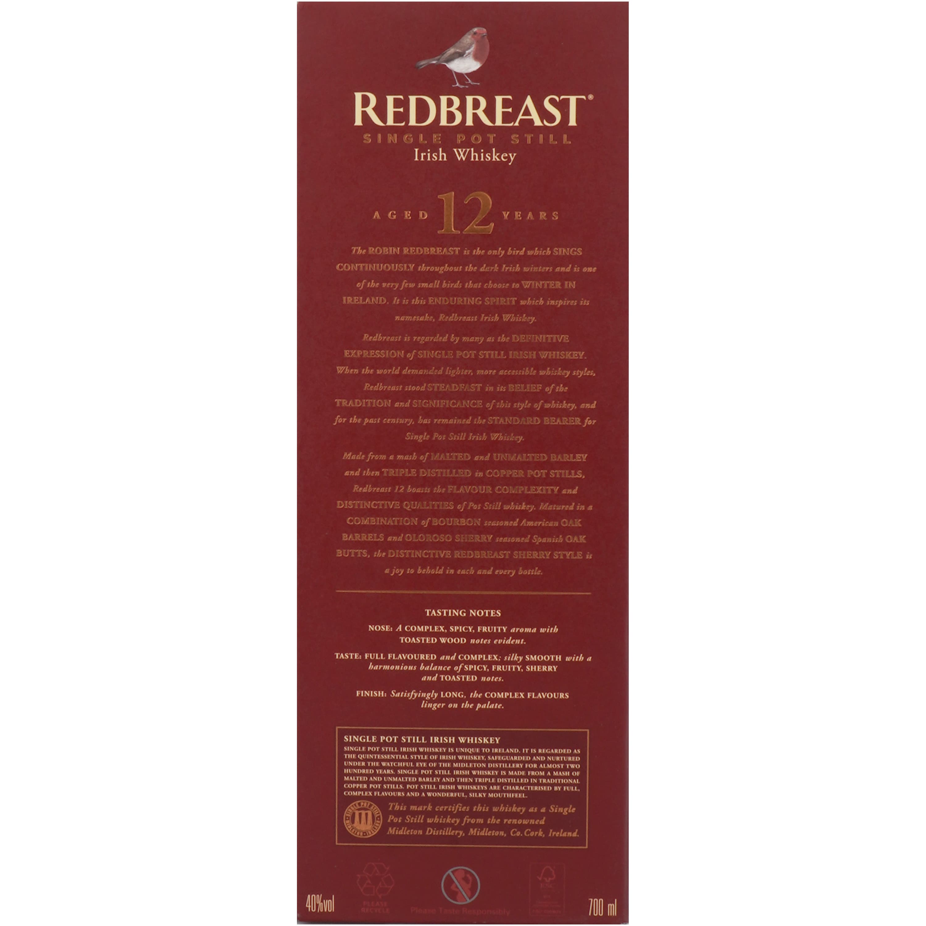 Віскі Redbreast 12 yo Single Pot Still Irish Whisky 40% 0.7 л (699627)