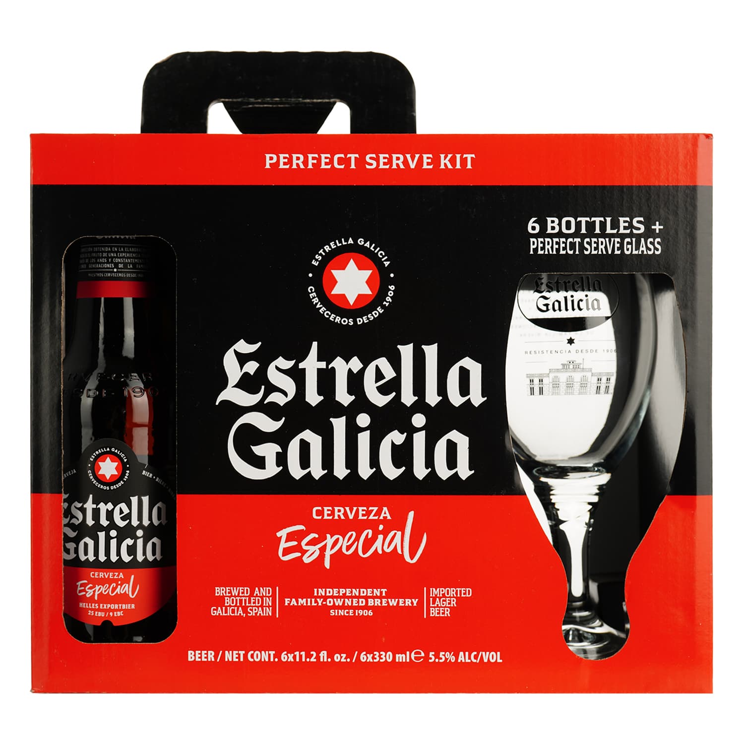 Набір пива Estrella Galicia Especial світле 5.5% 1.98 л (0.33 л x 6 шт.) + келих в подарунковій упаковці