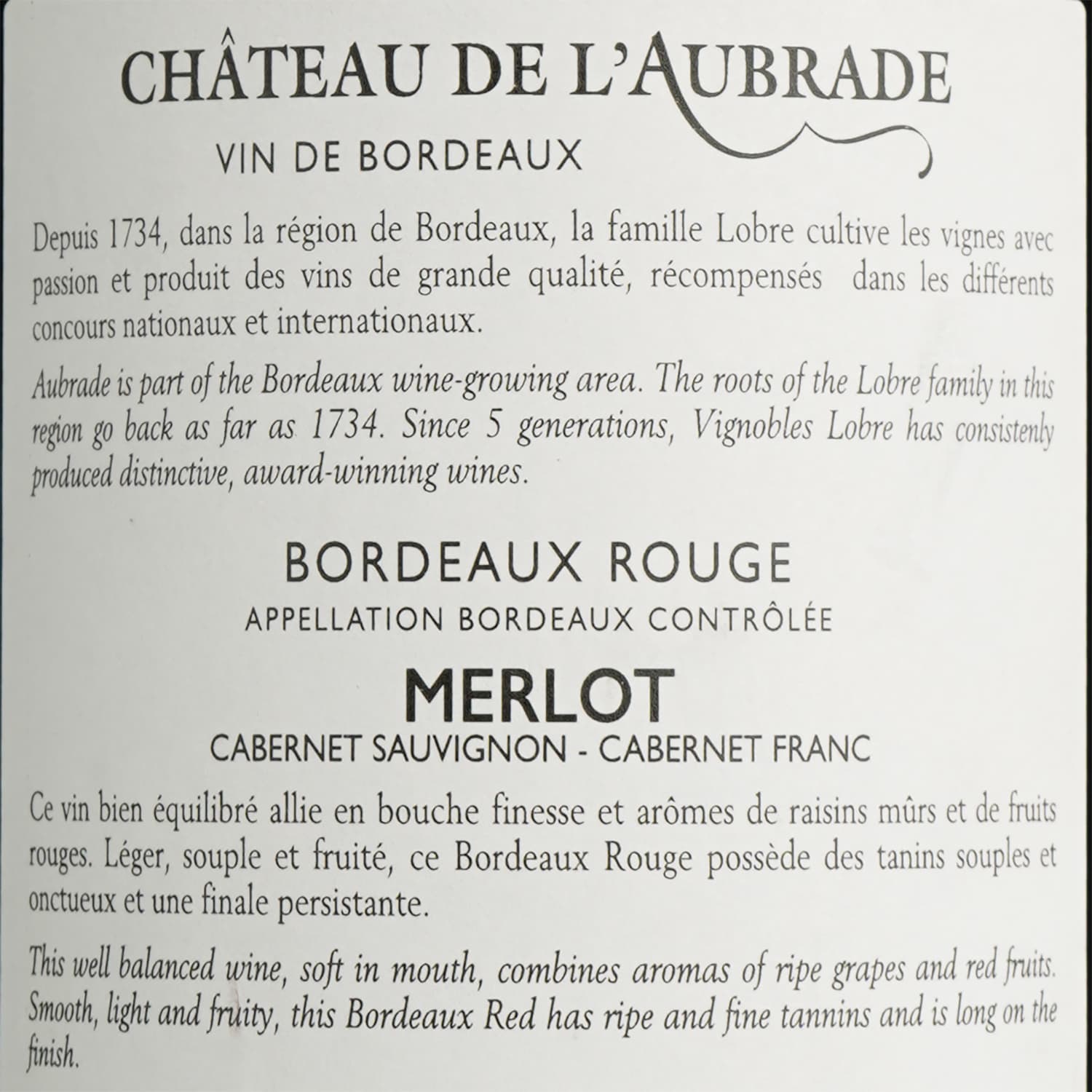 Вино Chateau De L'Aubrade Bordeaux Rouge AOP, червоне, сухе, 0,75 л