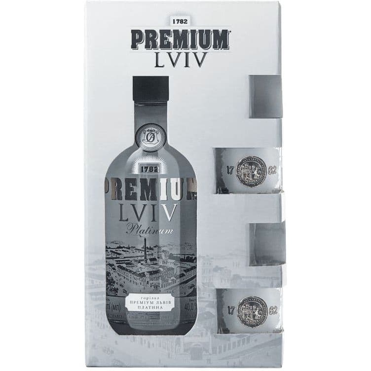 Горілка Premium Lviv Платина 40% 0.7+2 стакани