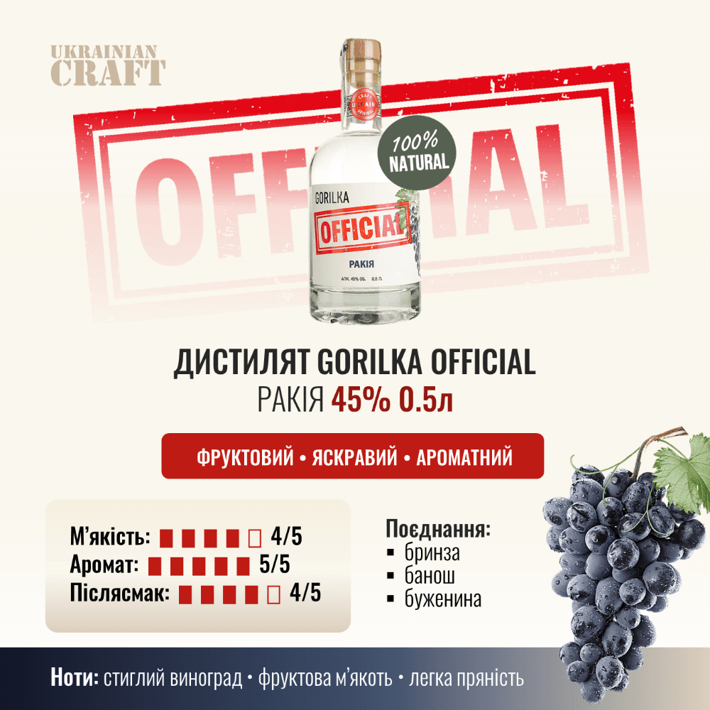 Дистилят Gorilka Official Ракія 45% 0.5 л