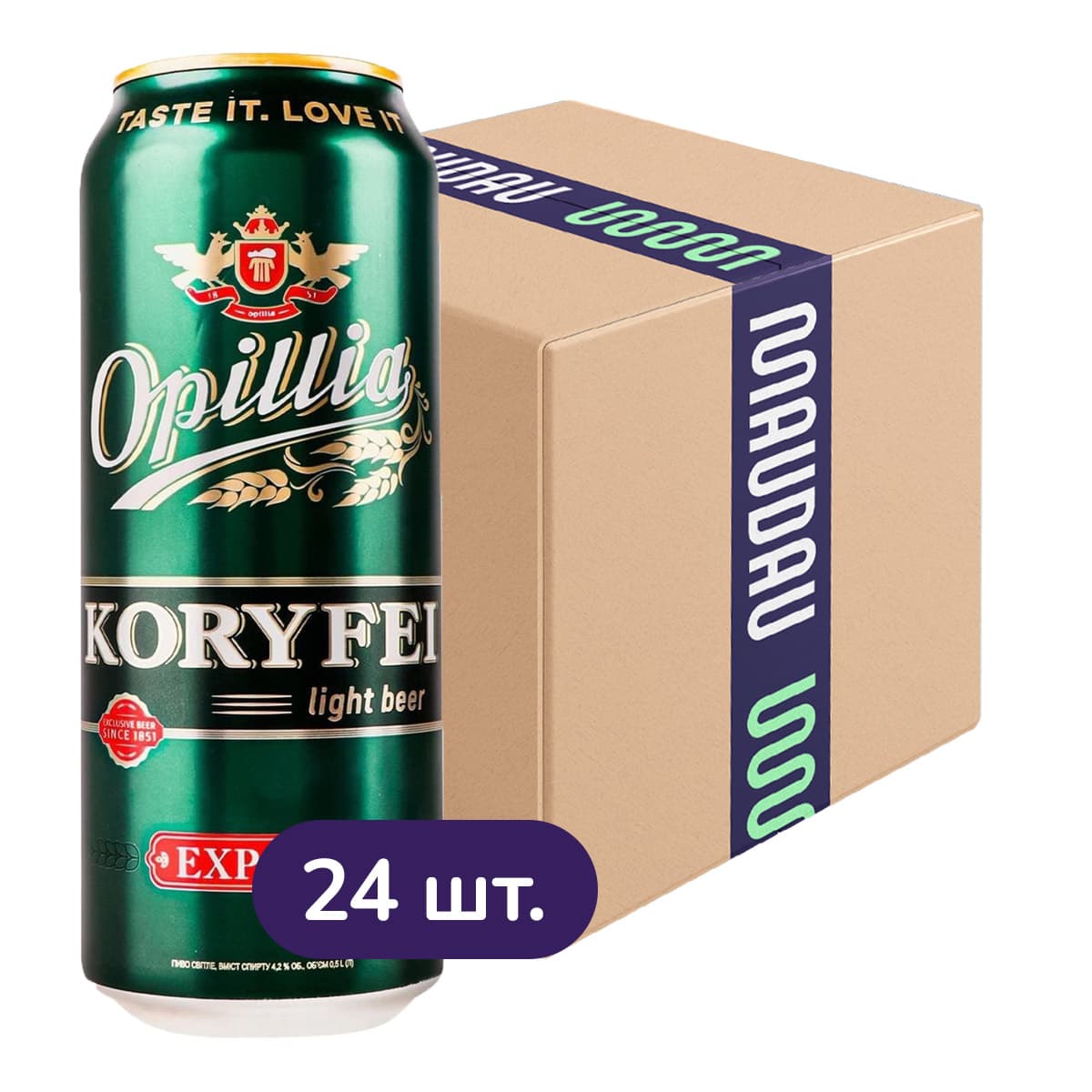 Упаковка пива Опілля Koryfei Export світле фільтроване 4.2% 12 л (0.5 л х 24 шт.) з/б