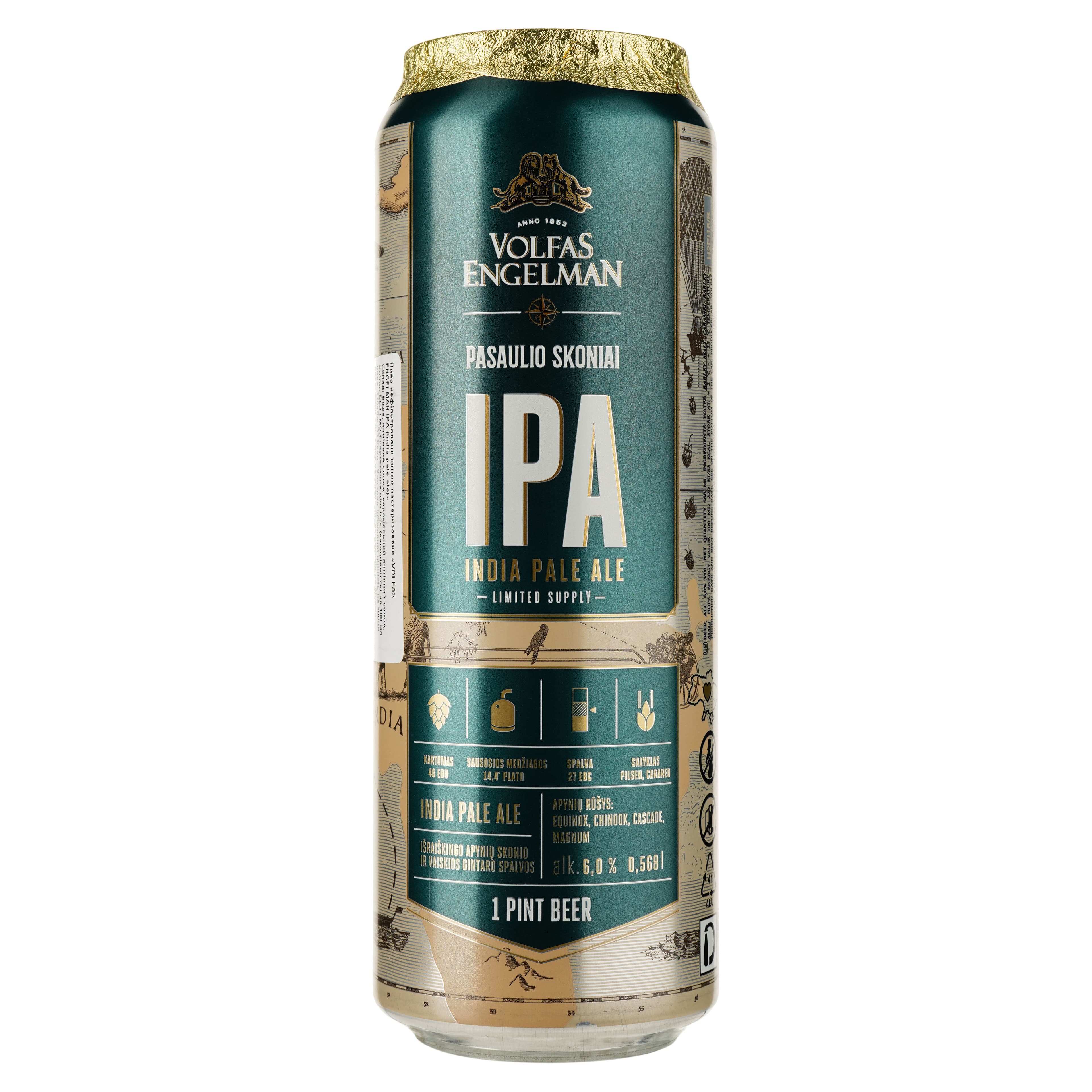 Упаковка пива Volfas Engelman IPA бурштинового 6% 13.63 л з/б (0.568 л х 24 шт.)