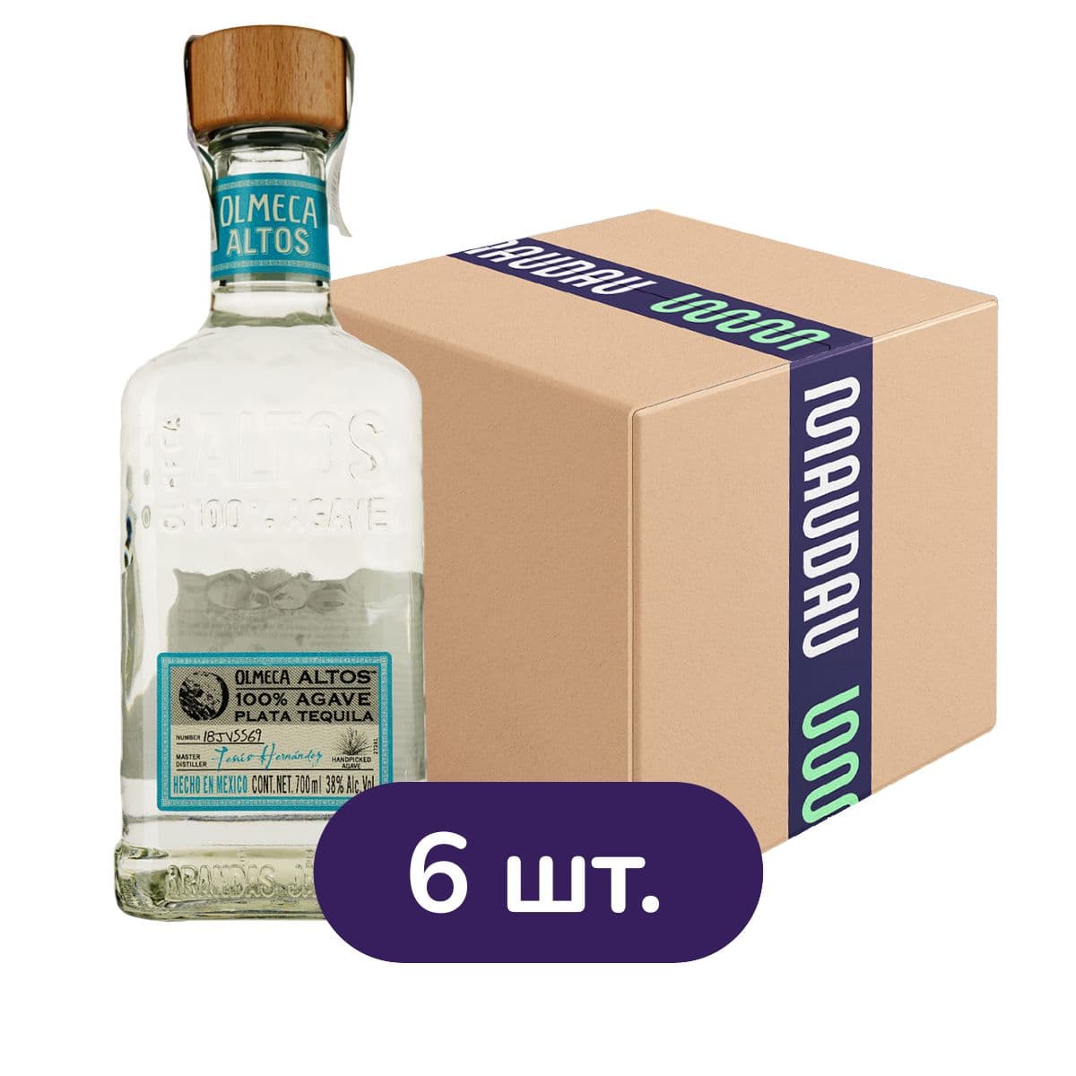 Упаковка текіли Olmeca Altos Plata 100% Agave 38% 4.2 л (0.7 л х 6 шт.)