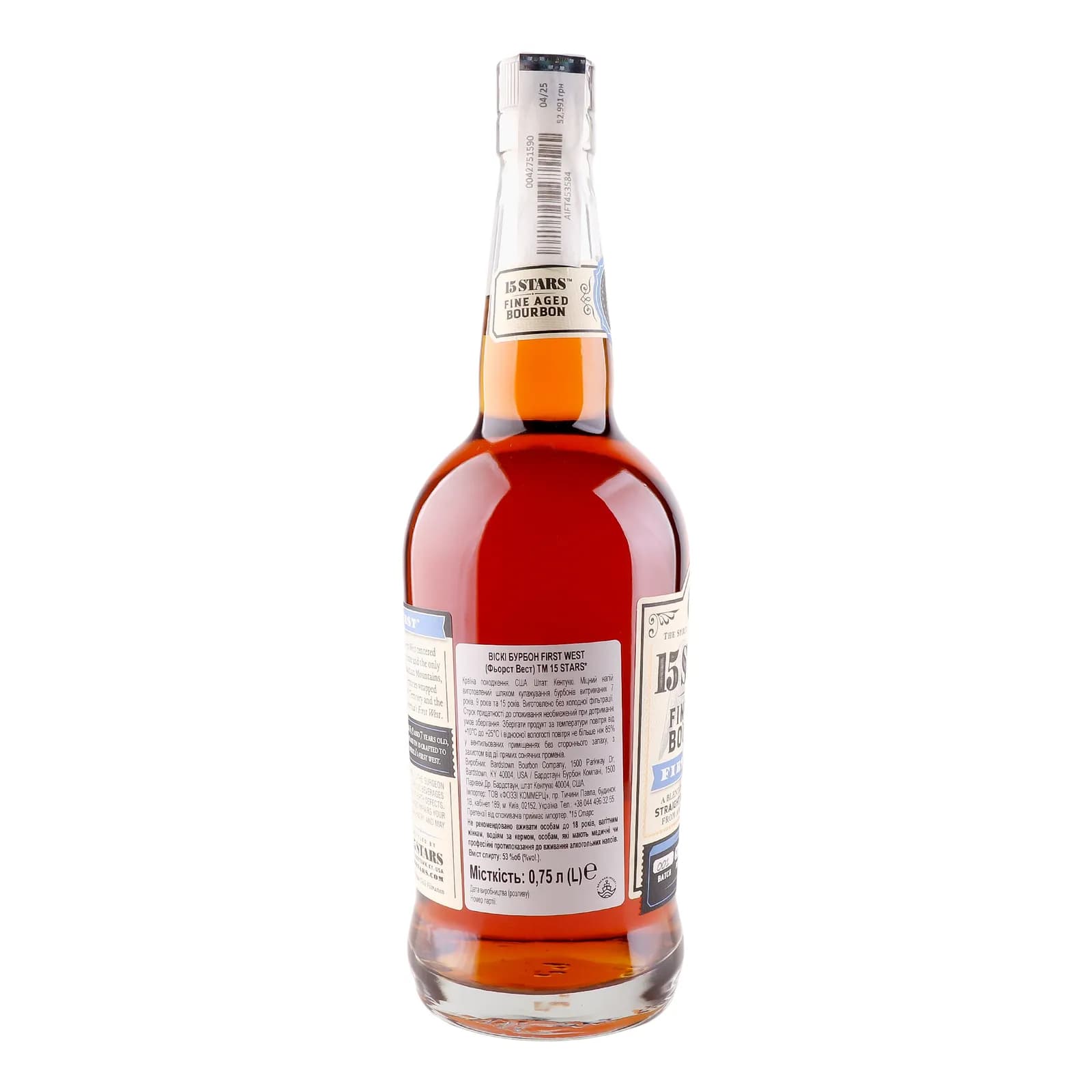 Віскі 15 Stars First West Straight Bourbon Whiskey 53% 0.75 л