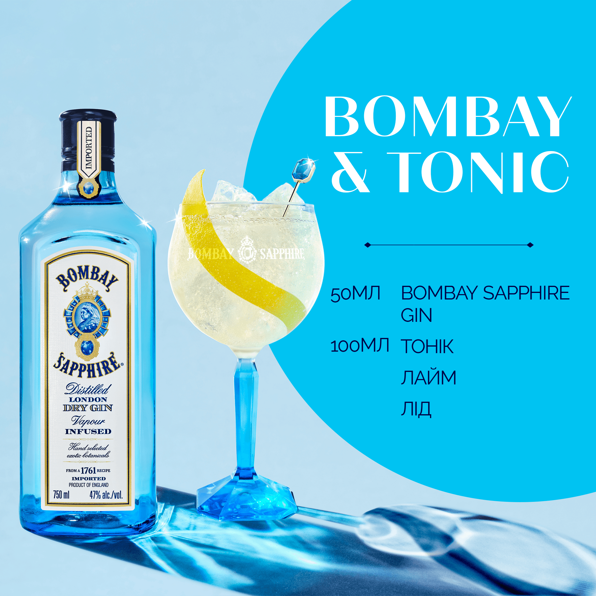 Джин Bombay Sapphire London Dry Gin, 47%, 1 л