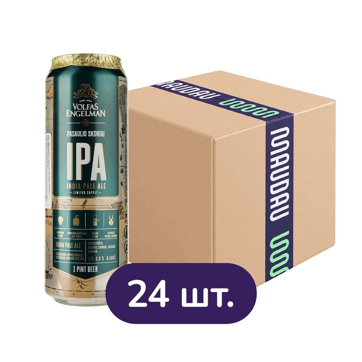 Упаковка пива Volfas Engelman IPA бурштинового 6% 13.63 л з/б (0.568 л х 24 шт.)